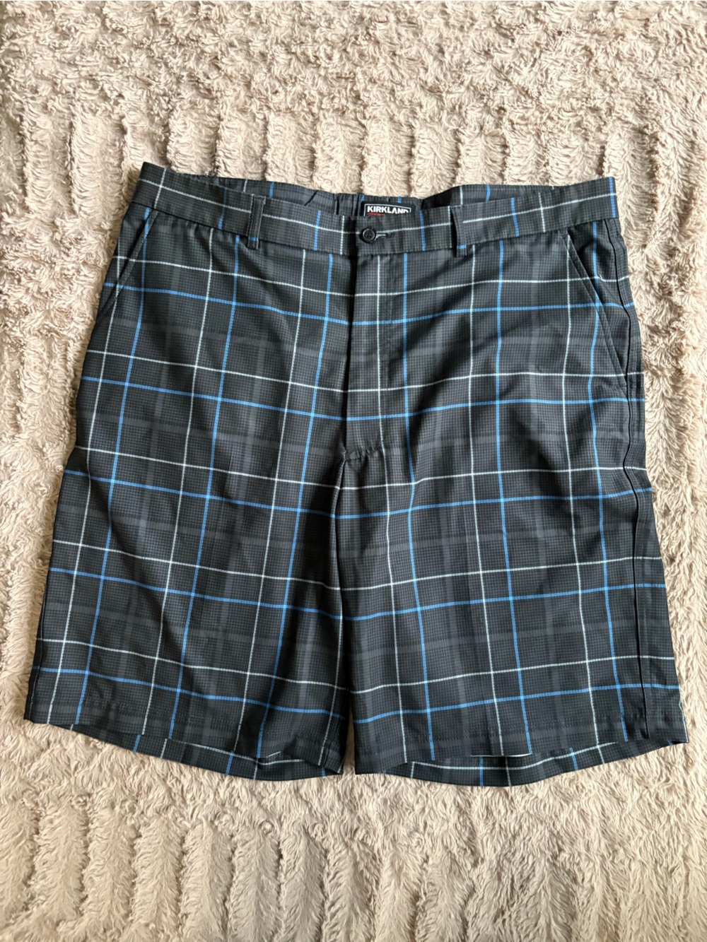 Kirkland Signature Black Shorts with Blue Windowpane Plaid